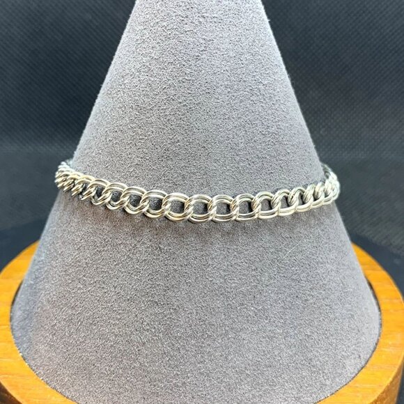 VTG Solid Sterling Silver 925 Traditional Double Link Charm Bracelet 4.5mm 7'' L - Picture 1 of 9